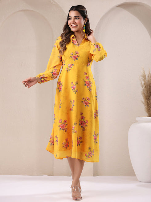 Mustard Georgette Floral Printed A-line Dress